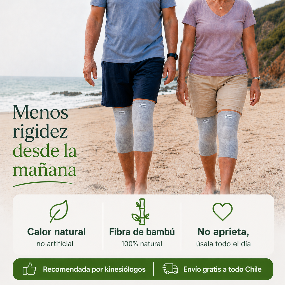 Rodillera de compresión de bambú Bambu Compress para el dolor de rodilla, usada por pareja adulta caminando en la playa