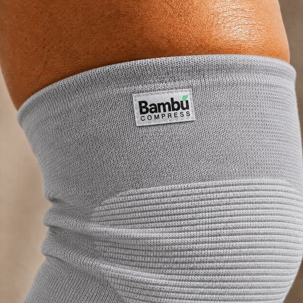 Detalle del tejido de fibra de bambú de la rodillera de compresión suave Bambu Compress